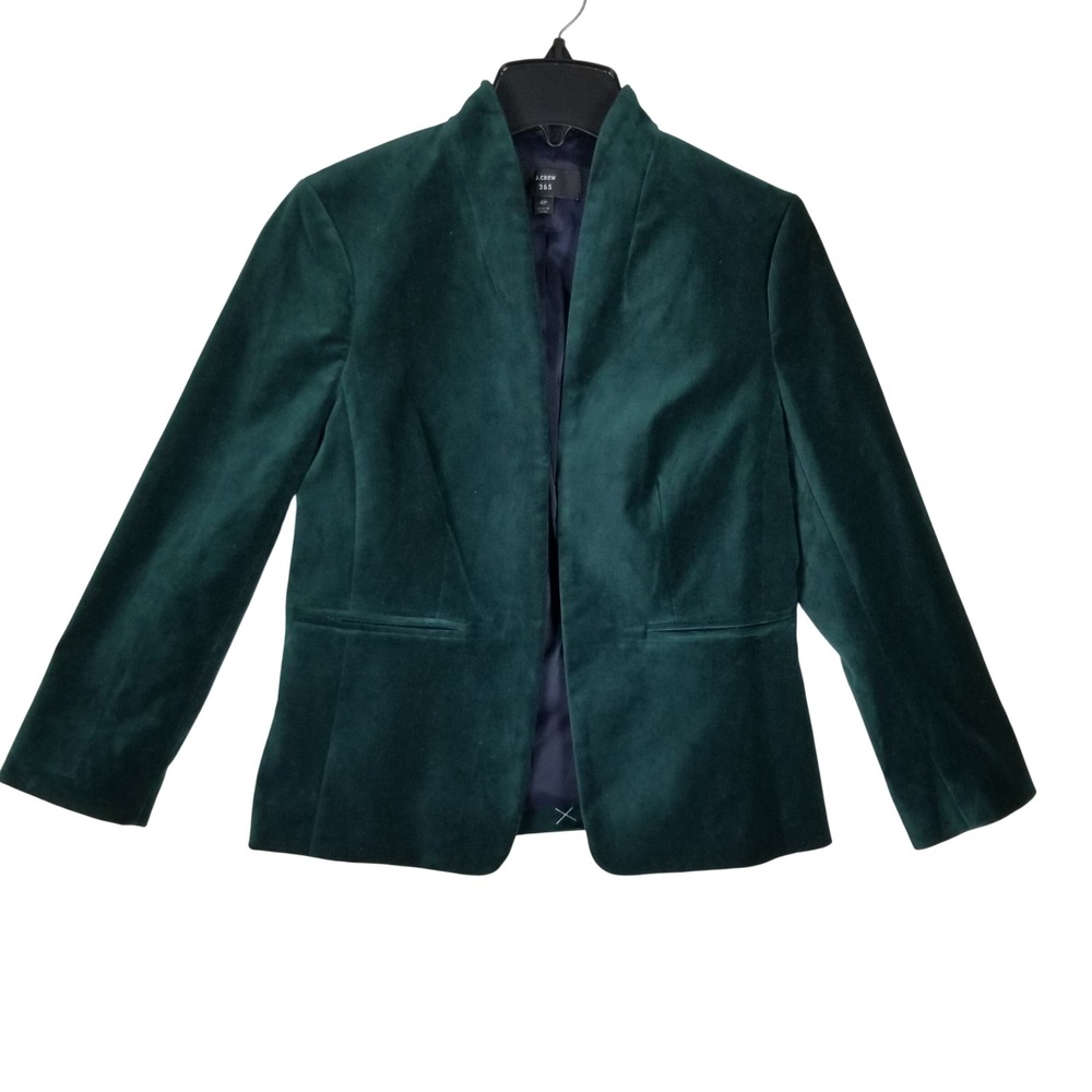 J.Crew Blazer Women 4P Green Velvet Open Front Stand Collar 365 Jacket